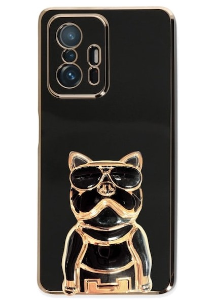 Xiaomi Mi 11T Pro 5g Kılıf Kamera Korumalı Köpek Desenli Standlı Silikon Siyah