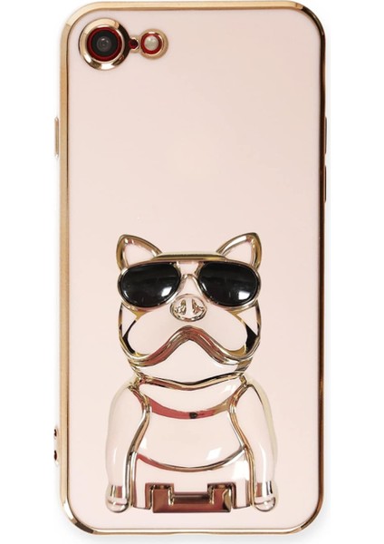 iphone 7 Kılıf Kamera Korumalı Köpek Desenli Standlı Silikon Pembe
