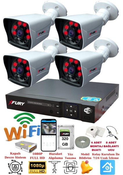 4 Kameralı 1080P Görüntü 6 Atom Gece Görüşlü Full Hd Akıllı Güvenlik Kamerası 5525A 320GB