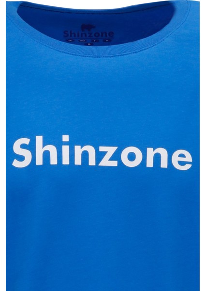 Erkek Bisiklet Yaka Standart Fit Shinzone Göğüs Baskılı Koyu Mavi T-Shirt