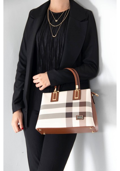 Silver Polo Kadın El Çantası Krem - Taba NV1000