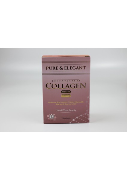 Pure & Elegant Hyaluronik Asit, C Vitamini, Biotin, B6 Vitamini, Selenyum ve Q10 İçeren Kolajen 7 Saşe