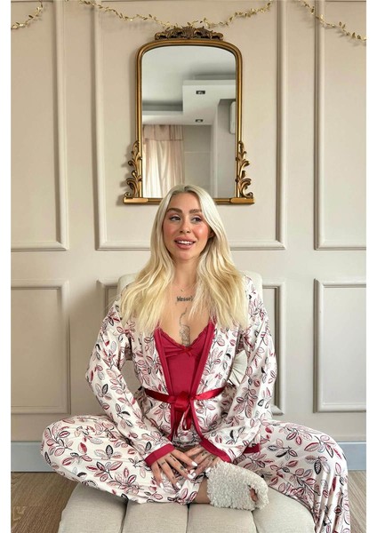 Kırmızı Flore Exclusive Örme Sabahlıklı Kadın Pijama Takımı modelleri