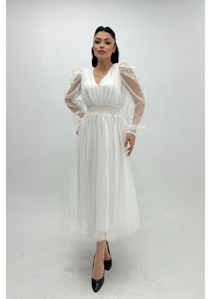 Tül Kumaş V Yaka Midi Detaylı Elbise - Beyaz fiyatları