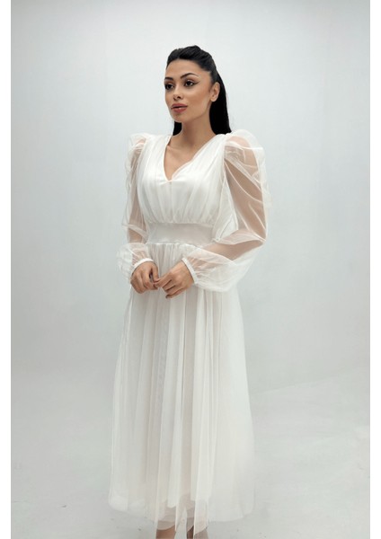 Tül Kumaş V Yaka Midi Detaylı Elbise - Beyaz modelleri