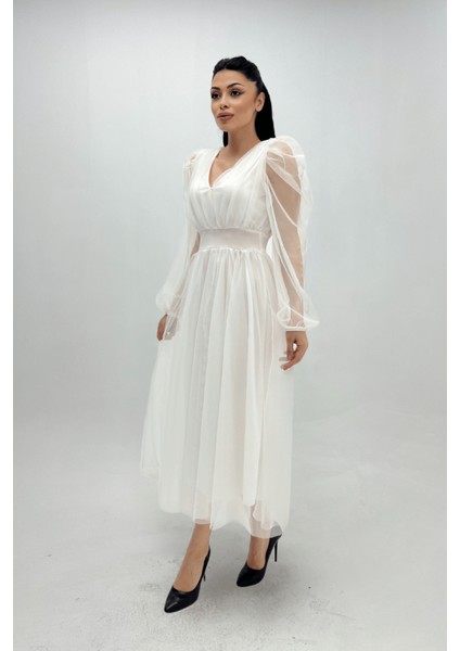 Tül Kumaş V Yaka Midi Detaylı Elbise - Beyaz fırsatları
