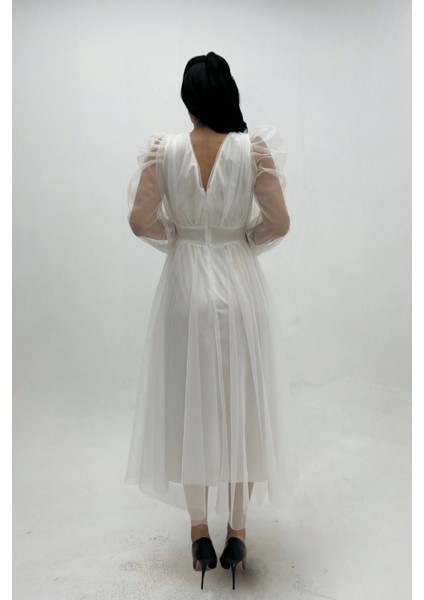 Tül Kumaş V Yaka Midi Detaylı Elbise - Beyaz indirimleri