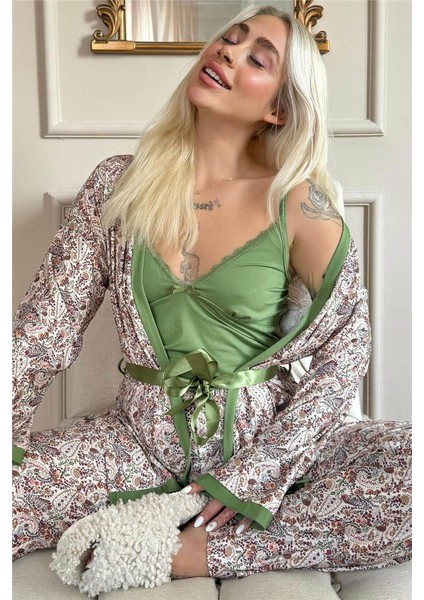 Yeşil Flore Exclusive Örme Sabahlıklı Kadın Pijama Takımı