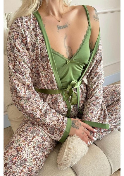 Yeşil Flore Exclusive Örme Sabahlıklı Kadın Pijama Takımı