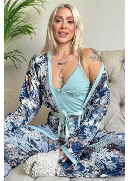 Mint Flore Exclusive Örme Sabahlıklı Kadın Pijama Takımı