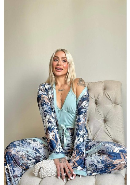 Mint Flore Exclusive Örme Sabahlıklı Kadın Pijama Takımı