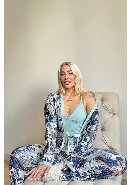 Mint Flore Exclusive Örme Sabahlıklı Kadın Pijama Takımı