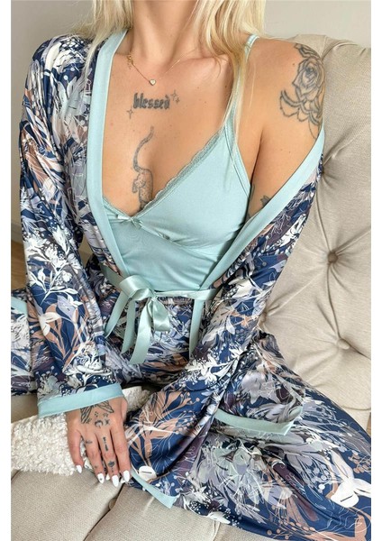 Mint Flore Exclusive Örme Sabahlıklı Kadın Pijama Takımı
