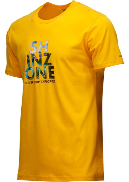 Erkek Bisiklet Yaka Standart Fit Göğüs Baskılı Sarı T-Shirt