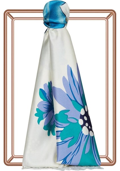 Ipekevi Ekinezya Desenli Ipek Şal 08024-BEYAZ Mavi