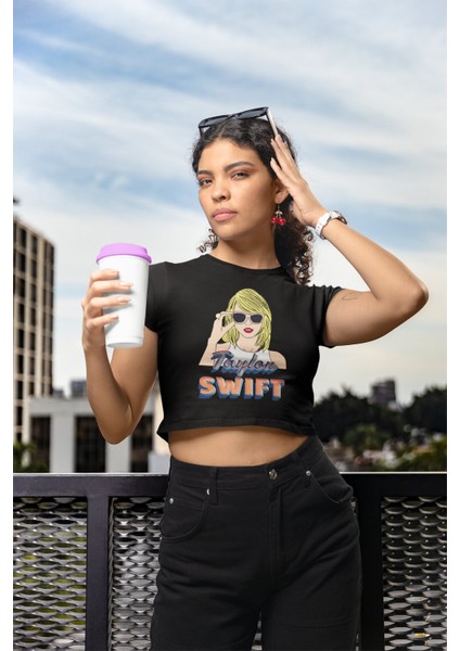 Güneş Gözlüklü Taylor Swift Baskılı Crop Top, Taylor Swift Baskılı Crop