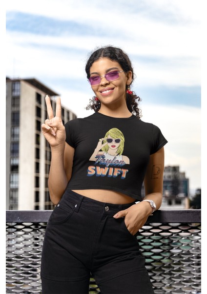 Güneş Gözlüklü Taylor Swift Baskılı Crop Top, Taylor Swift Baskılı Crop