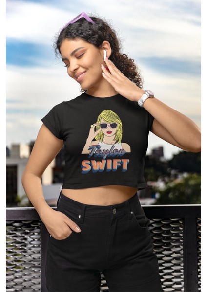 Güneş Gözlüklü Taylor Swift Baskılı Crop Top, Taylor Swift Baskılı Crop