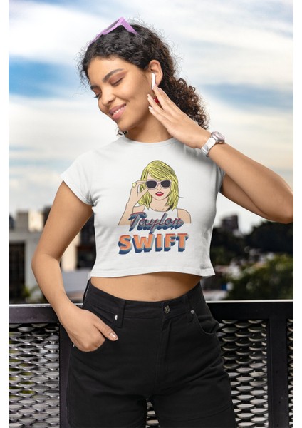 Güneş Gözlüklü Taylor Swift Baskılı Crop Top, Taylor Swift Baskılı Crop