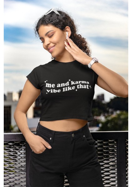 Yıldızlı Me And Karma Vibe Like That Yazılı Crop Top, Taylor Swift Baskılı Crop
