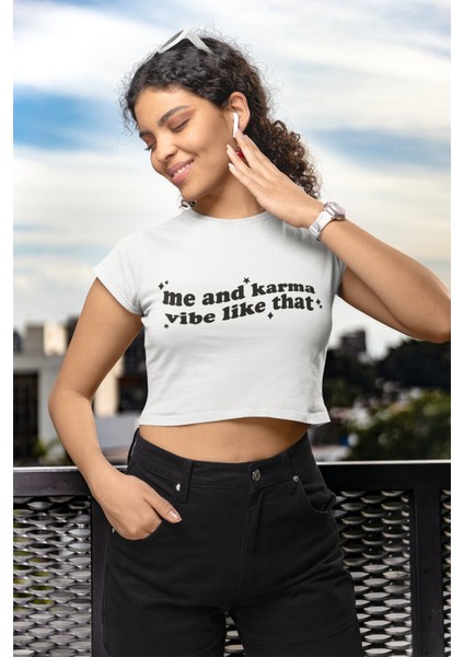 Yıldızlı Me And Karma Vibe Like That Yazılı Crop Top, Taylor Swift Baskılı Crop