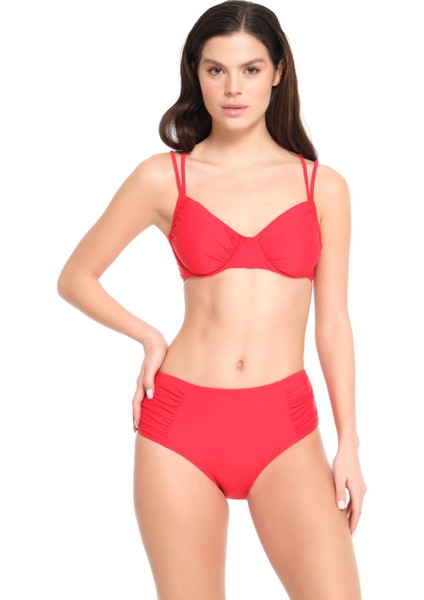 Too Salty Swimwear Kadın Kırmızı Düz Balenli Toparlayıcı Yüksek Bel Bikini Takımı 23S102ST