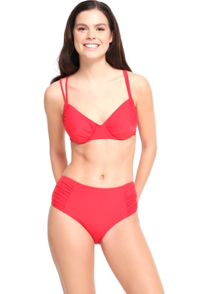 Too Salty Swimwear Kadın Kırmızı Düz Balenli Toparlayıcı Yüksek Bel Bikini Takımı 23S102ST