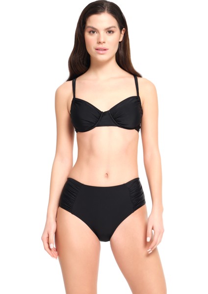 Too Salty Swimwear Kadın Siyah Düz Balenli Toparlayıcı Yüksek Bel Bikini Takımı 23S102ST