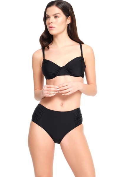 Too Salty Swimwear Kadın Siyah Düz Balenli Toparlayıcı Yüksek Bel Bikini Takımı 23S102ST