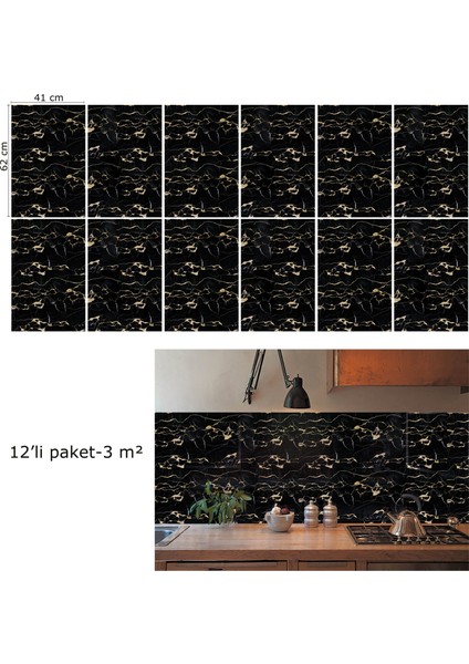 Kendinden Yapışkanlı Gold Siyah Desenli Pvc Panel 41X62 cm (12 Adet) 3 M²