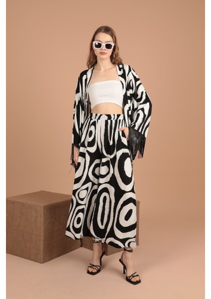 Geometrik Desen Detaylı Uzun Kollu ve Şal Yakalı viskon Kumaşlı kadın Takım 2 Parça Siyah Yaz/bahar