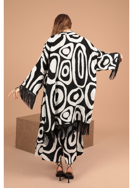 Geometrik Desen Detaylı Uzun Kollu ve Şal Yakalı viskon Kumaşlı kadın Takım 2 Parça Siyah Yaz/bahar fiyatları