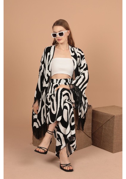 Geometrik Desen Detaylı Uzun Kollu ve Şal Yakalı viskon Kumaşlı kadın Takım 2 Parça Siyah Yaz/bahar modelleri