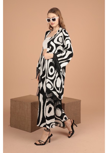 Geometrik Desen Detaylı Uzun Kollu ve Şal Yakalı viskon Kumaşlı kadın Takım 2 Parça Siyah Yaz/bahar fırsatları