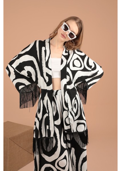 Geometrik Desen Detaylı Uzun Kollu ve Şal Yakalı viskon Kumaşlı kadın Takım 2 Parça Siyah Yaz/bahar indirimleri