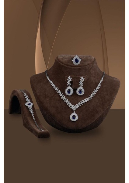 Çise Safir Taşlı Gümüş Su Yolu Set - Kolye, Bileklik, Küpe, Yüzük
