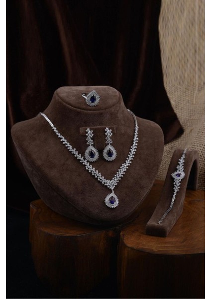 Çise Safir Taşlı Gümüş Su Yolu Set - Kolye, Bileklik, Küpe, Yüzük