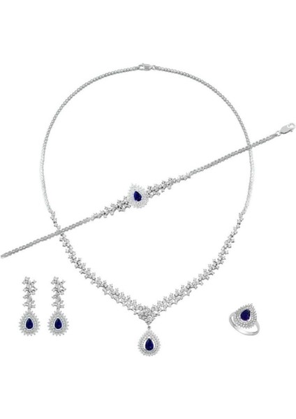 Çise Safir Taşlı Gümüş Su Yolu Set - Kolye, Bileklik, Küpe, Yüzük