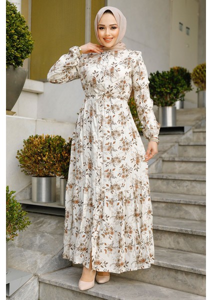 Çiçek Desenli Kahverengi Tesettür Elbise 50251KH