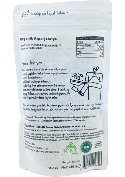 Organik Sade Arpa Şehriye 250 GR +7 Ay