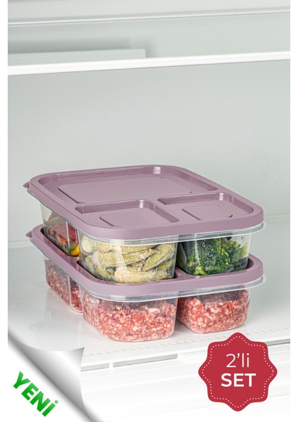 2li 3 Bölmeli Dikdörtgen Saklama Kabı 1,15 Litre Pembe