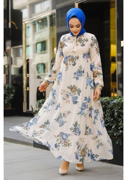 Çiçek Desenli Taş Tesettür Elbise 22052TAS