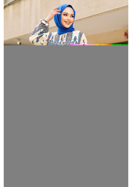 Desenli Ekru Tesettür Elbise 50092E