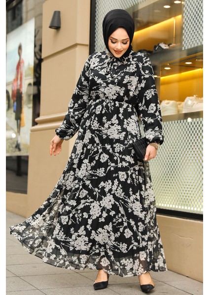 Çiçek Desenli Siyah Tesettür Elbise 50352S