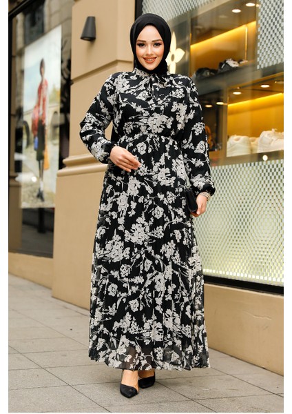 Çiçek Desenli Siyah Tesettür Elbise 50352S fiyatları