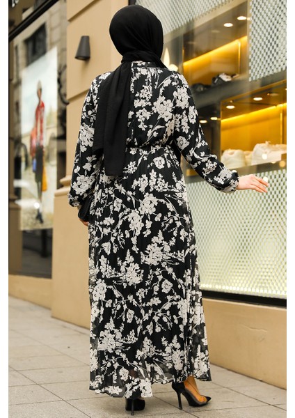 Çiçek Desenli Siyah Tesettür Elbise 50352S modelleri