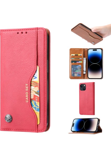 Iphone 15 Plus Manyetik Kapanış Deri Telefon Kapağı Flip Stand Cüzdan Damla Geçirmez Olan Kabuk Kırmızısı (Yurt Dışından)