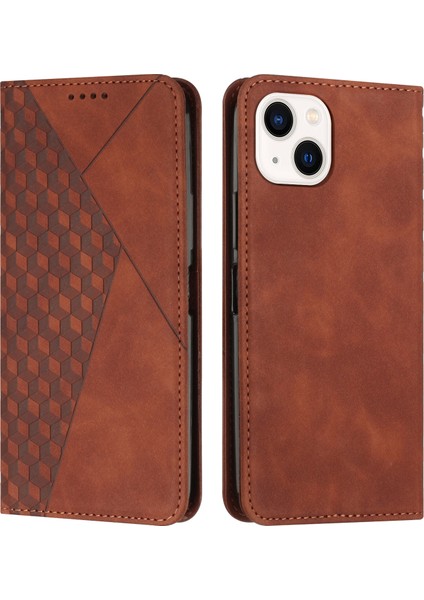 Iphone 15 Için Cilt Touch Hissed Telefon Kapağı 15 Baskılı Rhombus Deri Kılıf Telefon Stand Cüzdan-Brown (Yurt Dışından)