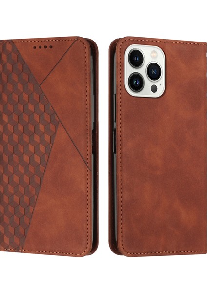 Iphone 15 Pro Slim-Fit Shell Için Baskılı Rhombus Deri Telefon Stand Vakası Cüzdan Cilt Touch Cover-Brown (Yurt Dışından)