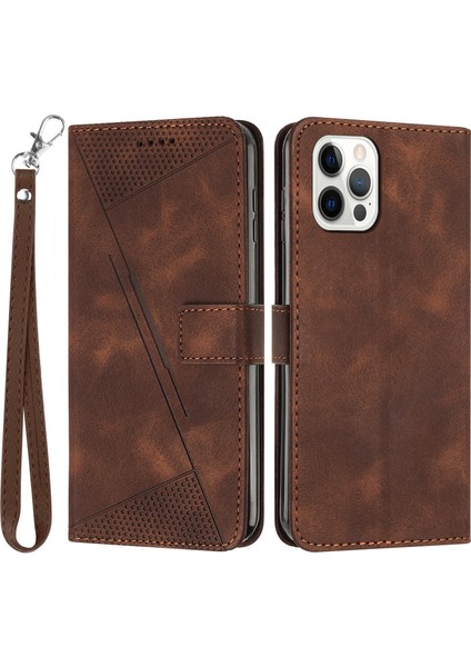 Üçgen Iphone 12 Pro Max 6.7 Inç Deri Cüzdan Stand Cep Telefon Kılıfı Strap-Brown (Yurt Dışından)